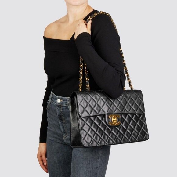Authentic CHANEL Jumbo Maxi XL 24K Gold Flap Bag Lambskin Chain Shoulder Black - Picture 2 of 16